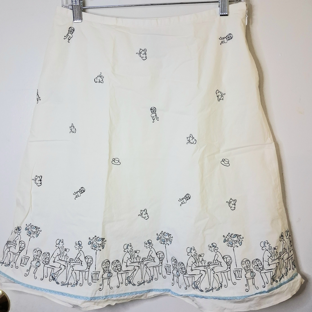 LOFT Women's A-Line Embroidered Cream Skirt with Black Coffe And Tea Pattern